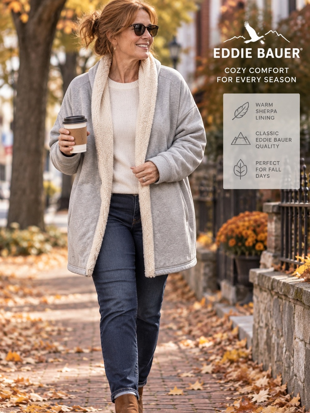 Eddie Bauer Light Gray Jacket with Cream Sherpa Lining